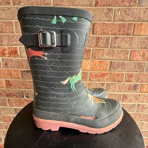 Kids Joules Navy and pink Rain Boots with Colorful dancing unicorn Design